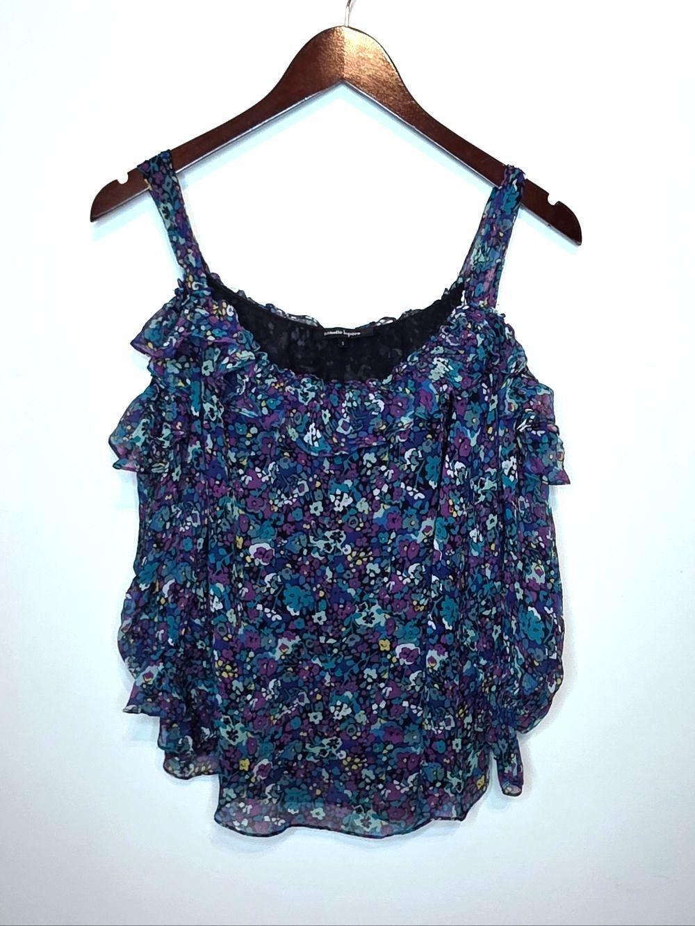 Nanette Lepore 100% Silk Floral Ruffle Cold Shoulder Top Garden Party Size Small